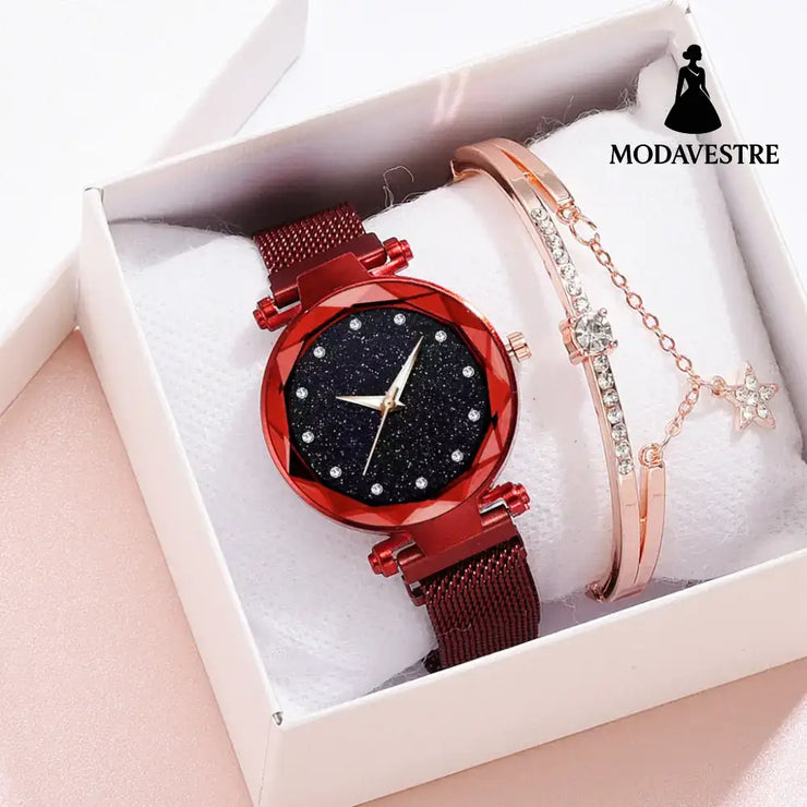 Luxury Women Watches Bracelet Set Fashion Elegant Magnet Buckle Ladies Starry Sky Watch Set Relogio Red Watch Bracelet