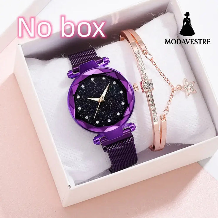 Luxury Women Watches Bracelet Set Fashion Elegant Magnet Buckle Ladies Starry Sky Watch Set Relogio Violet Watch