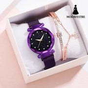 Luxury Women Watches Bracelet Set Fashion Elegant Magnet Buckle Ladies Starry Sky Watch Set Relogio Violet Watch