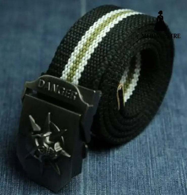 Men Canvas Skull Metal Belt Black stripes