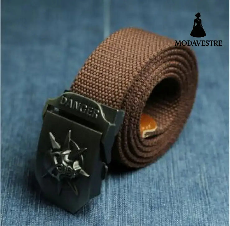 Men Canvas Skull Metal Belt Brown