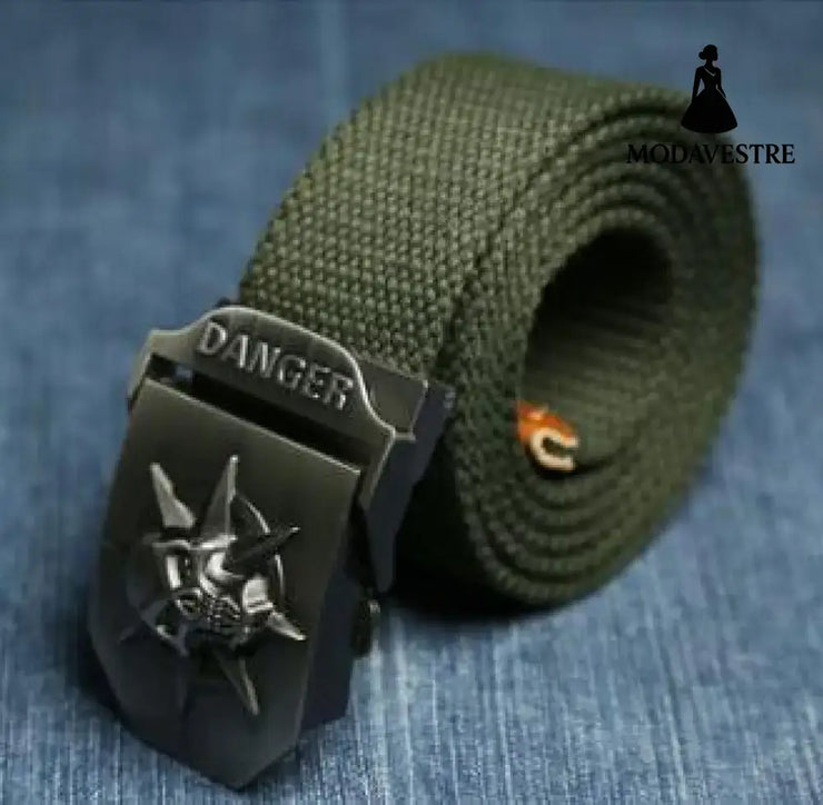 Men Canvas Skull Metal Belt Green