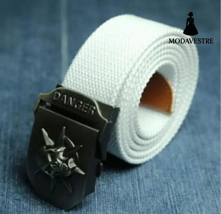 Men Canvas Skull Metal Belt White