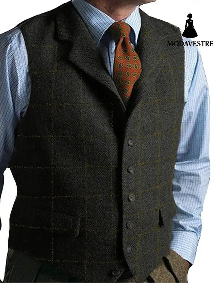 men suits plaid tweed gilet Black / 3XL