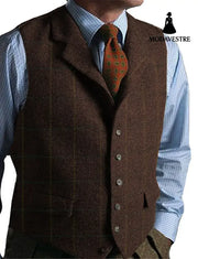 men suits plaid tweed gilet Coffee / 3XL