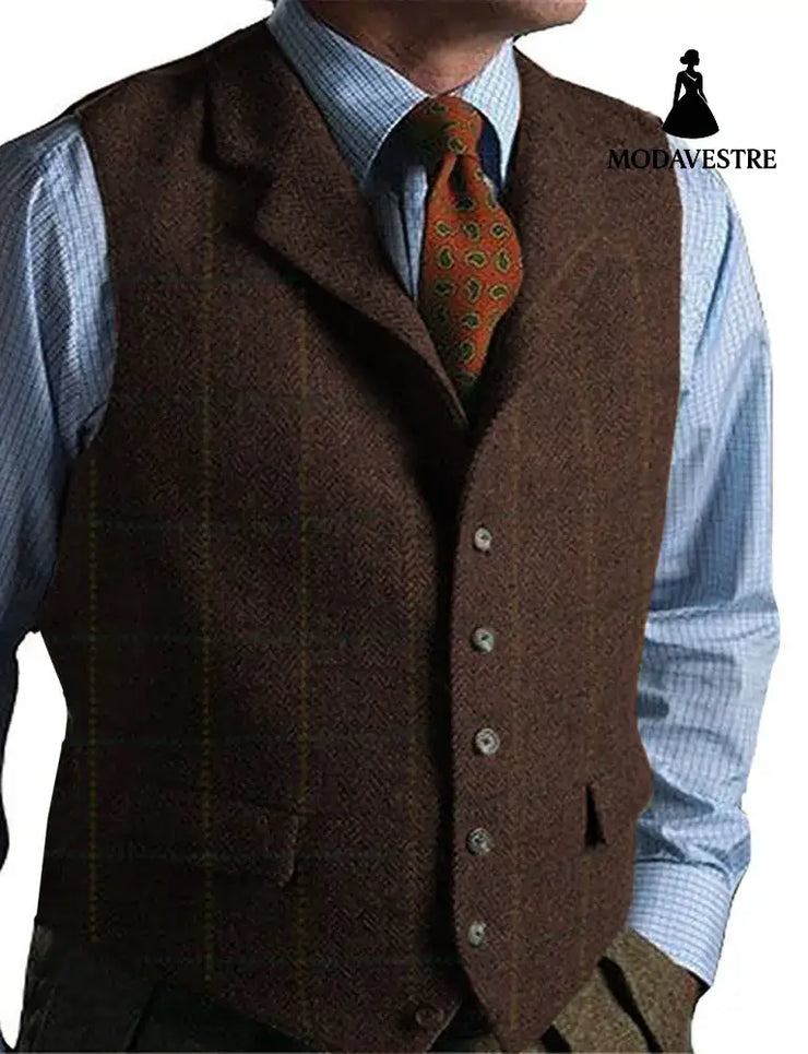 men suits plaid tweed gilet Coffee / 3XL