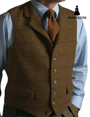 men suits plaid tweed gilet Dark brown / 3XL