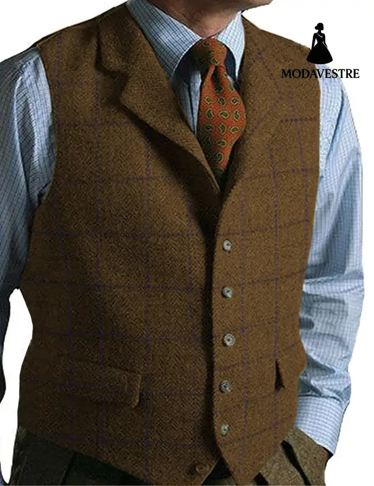 men suits plaid tweed gilet Dark brown / 3XL