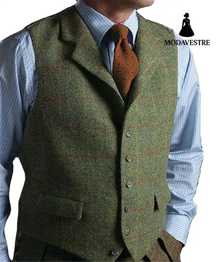 men suits plaid tweed gilet Green / 3XL