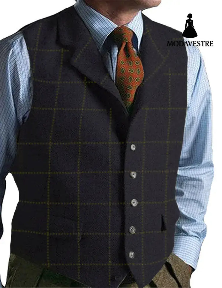 men suits plaid tweed gilet Navy blue / 3XL