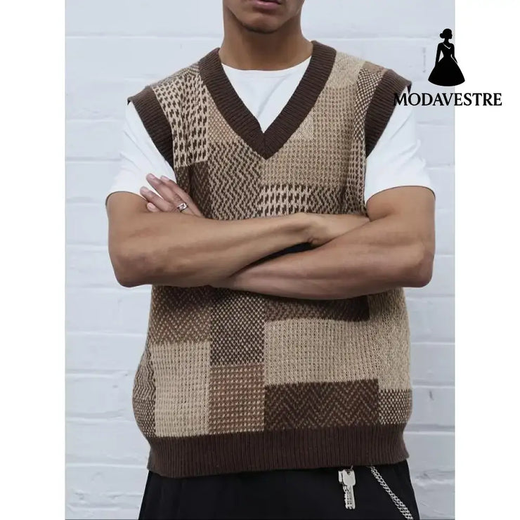 Men’s Casual Collar Knitted Vest Geometric Pattern Sleeveless