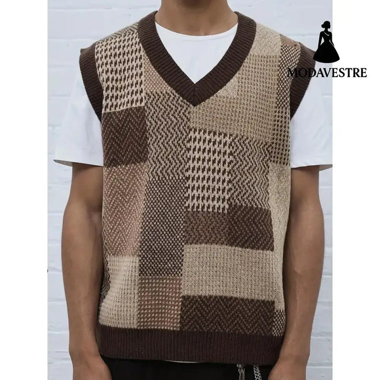 Men’s Casual Collar Knitted Vest Geometric Pattern Sleeveless