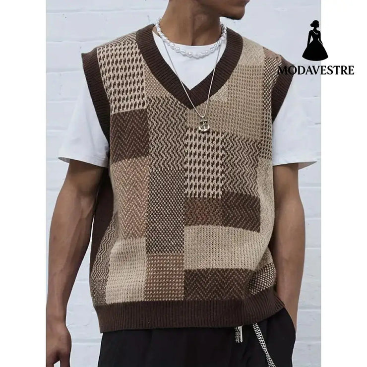 Men’s Casual Collar Knitted Vest Geometric Pattern Sleeveless
