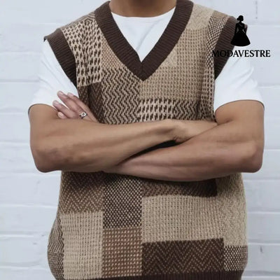 Men’s Casual Collar Knitted Vest Geometric Pattern Sleeveless