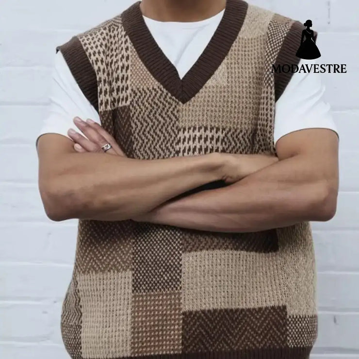 Men’s Casual Collar Knitted Vest Geometric Pattern Sleeveless