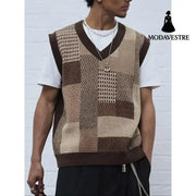 Men’s Casual Collar Knitted Vest Geometric Pattern Sleeveless Coffee Color / L