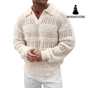 Men’s Solid Color V-neck Street-like Lapel Hollow Knitwear