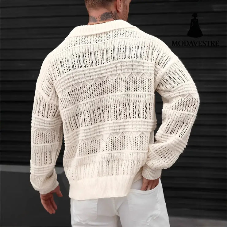 Men’s Solid Color V-neck Street-like Lapel Hollow Knitwear