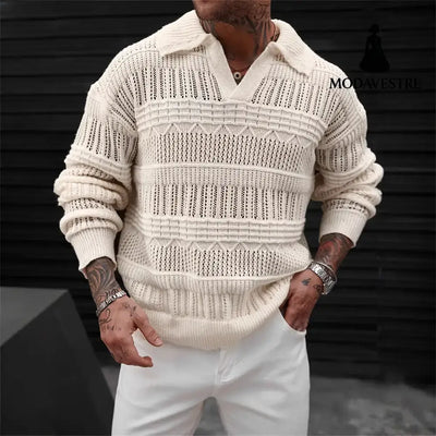 Men’s Solid Color V-neck Street-like Lapel Hollow Knitwear