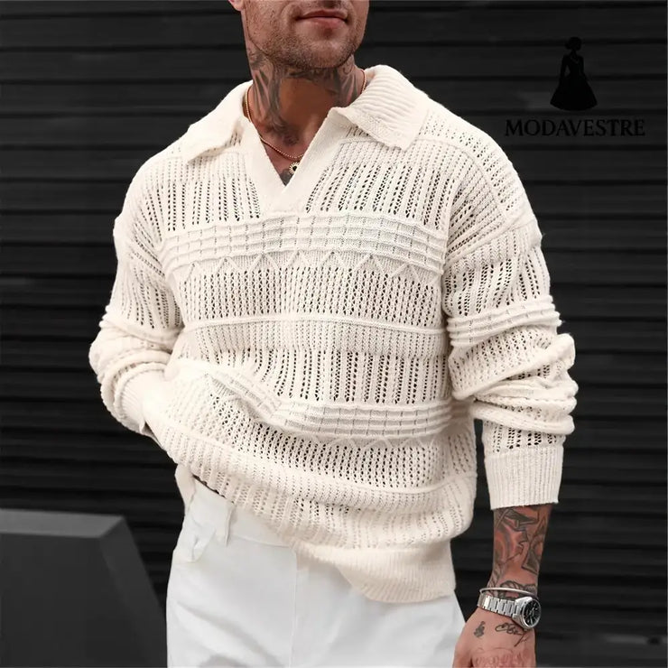 Men’s Solid Color V-neck Street-like Lapel Hollow Knitwear