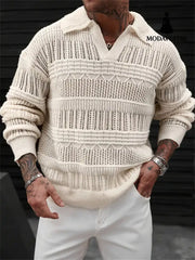 Men’s Solid Color V-neck Street-like Lapel Hollow Knitwear Beige / L