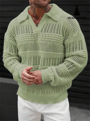 Men’s Solid Color V-neck Street-like Lapel Hollow Knitwear Matcha / L