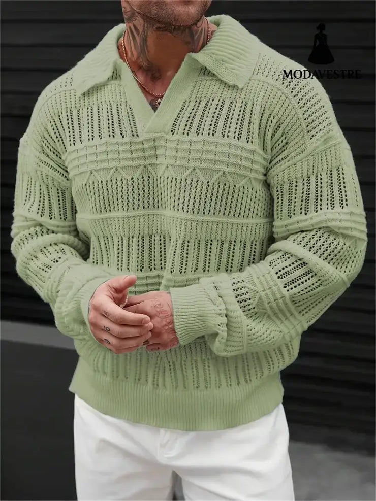 Men’s Solid Color V-neck Street-like Lapel Hollow Knitwear Matcha / L