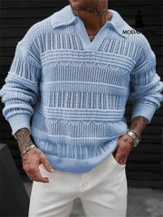 Men’s Solid Color V-neck Street-like Lapel Hollow Knitwear Peacock Blue / L