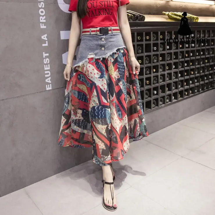 Mesh Stitching Denim Skirt Skirt Red / 2XL