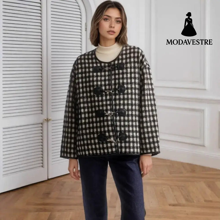 Metal Buckle Decorative Round Neck Hemming Shorts Jacket Jacket