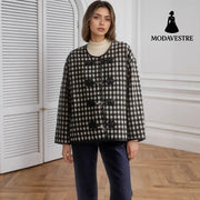 Metal Buckle Decorative Round Neck Hemming Shorts Jacket Black And White Plaid / L Jacket