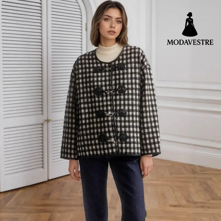 Metal Buckle Decorative Round Neck Hemming Shorts Jacket Black And White Plaid / L Jacket