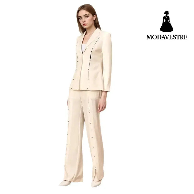 Metal Decorative Strip Embellished Design Trousers Slim Fit Long-sleeve Suit Suit