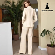 Metal Decorative Strip Embellished Design Trousers Slim Fit Long-sleeve Suit Suit