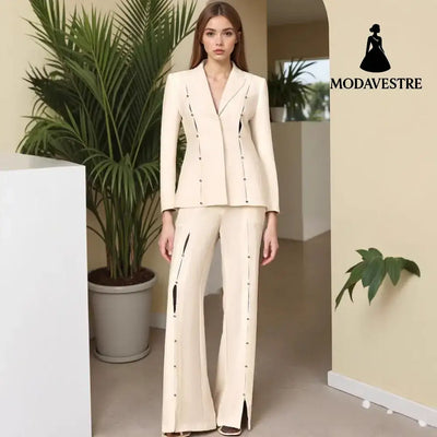 Metal Decorative Strip Embellished Design Trousers Slim Fit Long-sleeve Suit Suit