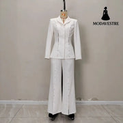 Metal Decorative Strip Embellished Design Trousers Slim Fit Long-sleeve Suit Suit