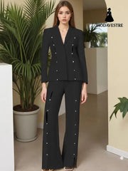 Metal Decorative Strip Embellished Design Trousers Slim Fit Long-sleeve Suit Black / L Suit