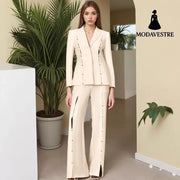 Metal Decorative Strip Embellished Design Trousers Slim Fit Long-sleeve Suit White / L Suit