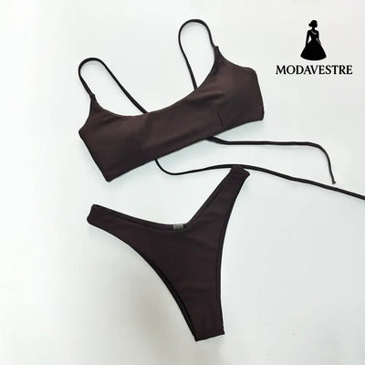 Minimalist Brown Bikini Set – Solid Color Two-Piece Women’s Swimwear C4004 Brown / S