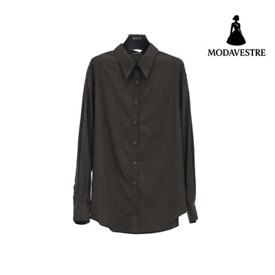 Minimalist Oversized Shirt – Women’s Loose Tencel Button-Up Blouse Dark Brown / One Size Fits All