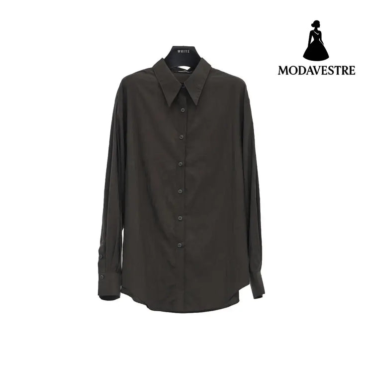 Minimalist Oversized Shirt – Women’s Loose Tencel Button-Up Blouse Dark Brown / One Size Fits All