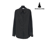 Minimalist Oversized Shirt – Women’s Loose Tencel Button-Up Blouse Gray Green / One Size Fits All