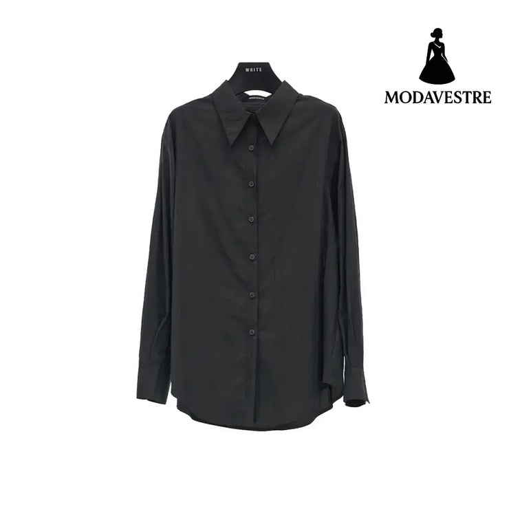 Minimalist Oversized Shirt – Women’s Loose Tencel Button-Up Blouse Gray Green / One Size Fits All