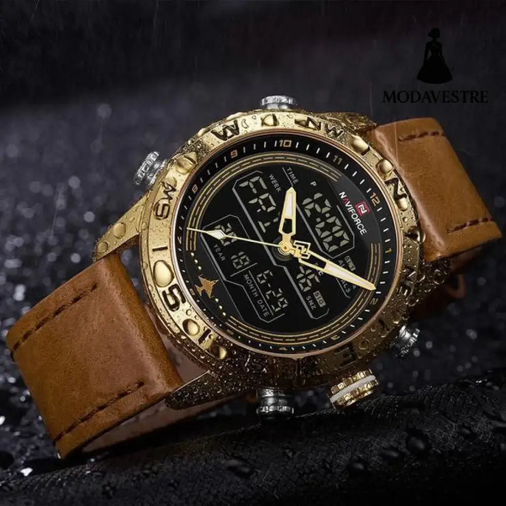 NAVIFORCE 9144 Fashion Gold Men Sport Watches Mens LED Analog Digital Watch Army Military Leather Quartz Watch Relogio