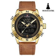 NAVIFORCE 9144 Fashion Gold Men Sport Watches Mens LED Analog Digital Watch Army Military Leather Quartz Watch Relogio