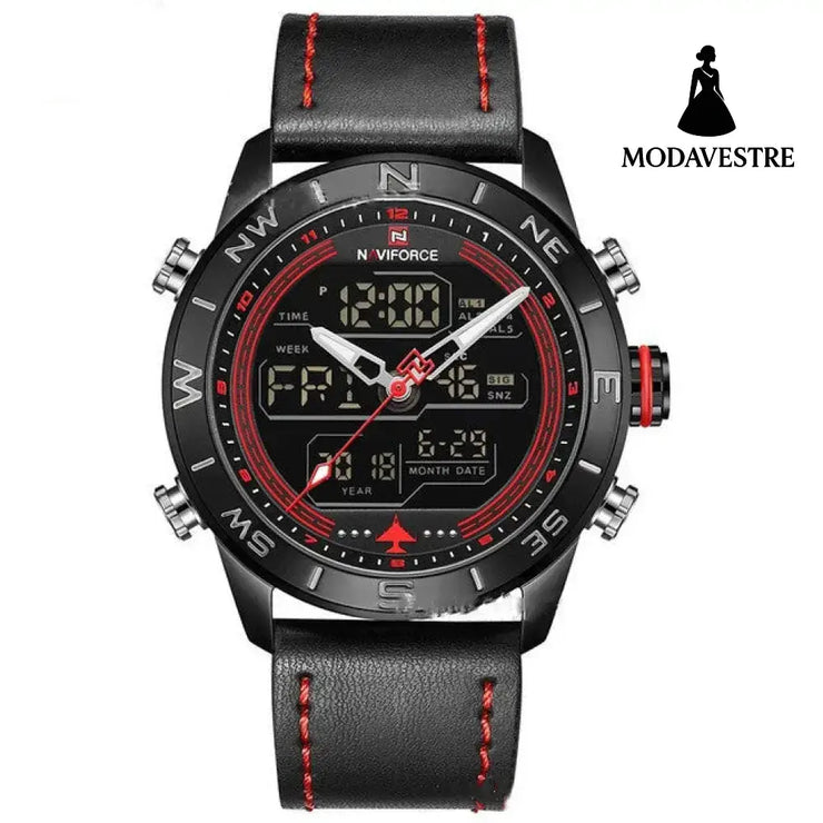 NAVIFORCE 9144 Fashion Gold Men Sport Watches Mens LED Analog Digital Watch Army Military Leather Quartz Watch Relogio