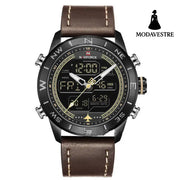 NAVIFORCE 9144 Fashion Gold Men Sport Watches Mens LED Analog Digital Watch Army Military Leather Quartz Watch Relogio