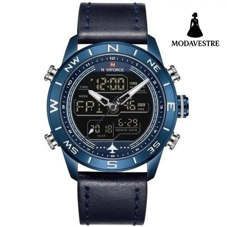 NAVIFORCE 9144 Fashion Gold Men Sport Watches Mens LED Analog Digital Watch Army Military Leather Quartz Watch Relogio