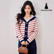 Navy Style Striped Knit Cardigan with Large Turn-Down Collar for Women Long Sleeve Sweater Top