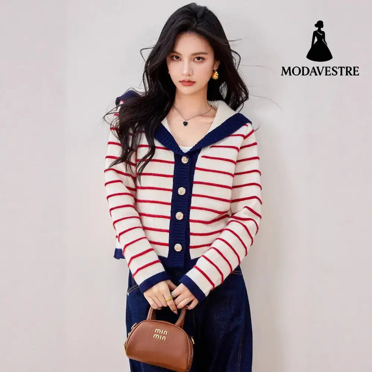Navy Style Striped Knit Cardigan with Large Turn-Down Collar for Women Long Sleeve Sweater Top